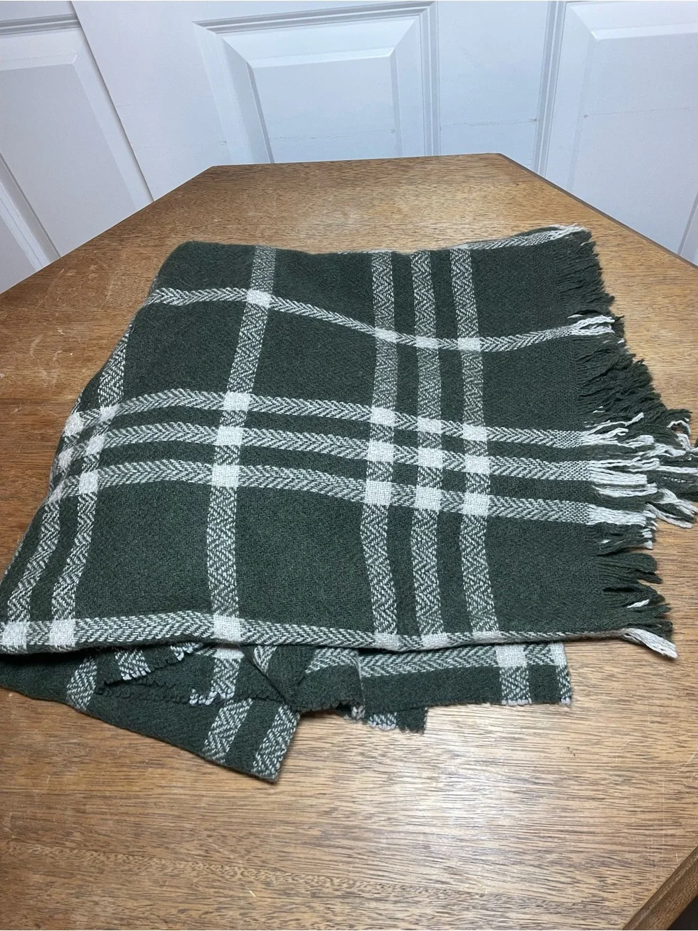 Sézane Green Plaid Wool Fringe Oversized Scarf Made in Italy